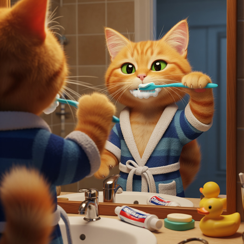 Cat Brushing Teeth in Mirror: Fun Pet Moments