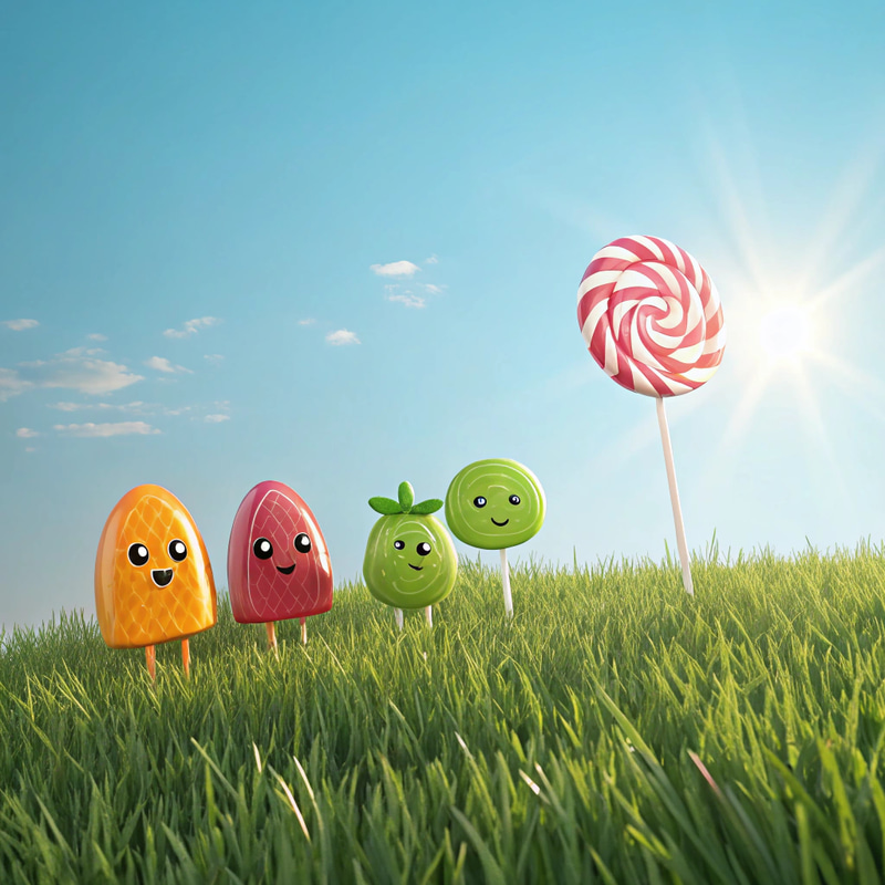 Colorful Cartoon Candies in a Sunny Scene Colorful Cartoon Candies in a Sunny Scene