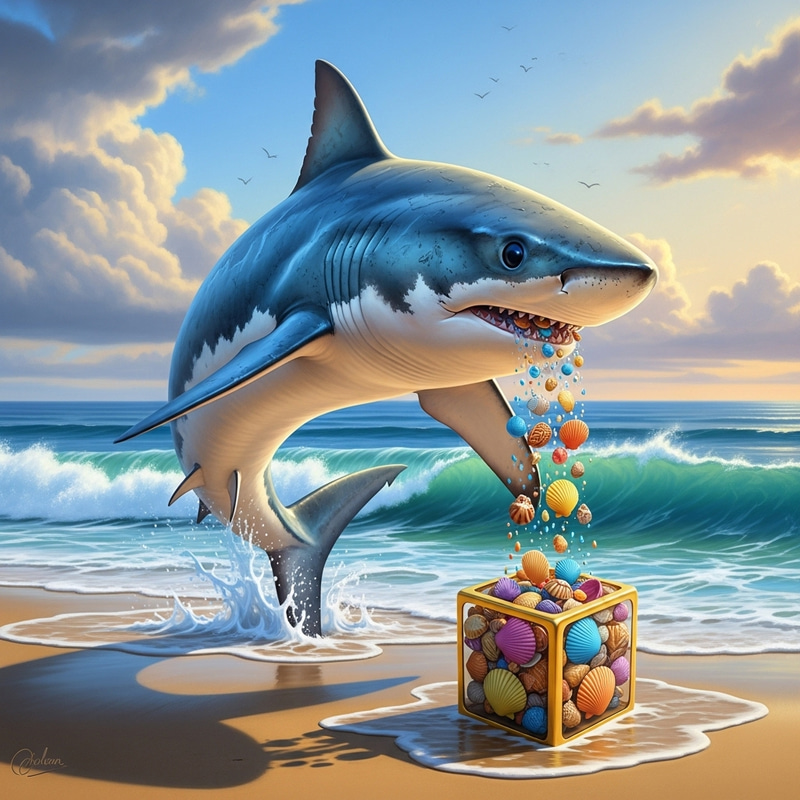 Muscular Shark on Sunlit Beach: Strength & Whimsy Muscular Shark on Sunlit Beach: Strength & Whimsy