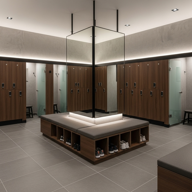 Modern Men's Gym Changing Room Overview Modern Men's Gym Changing Room Overview