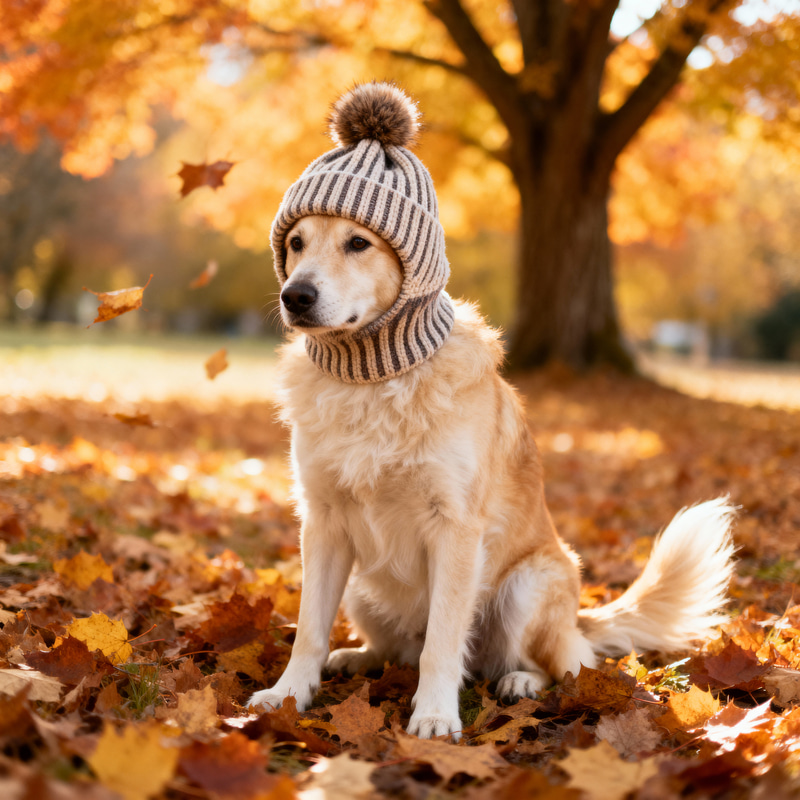 Adorable Autumn Photos with Dog in Knit Cap Adorable Autumn Photos with Dog in Knit Cap