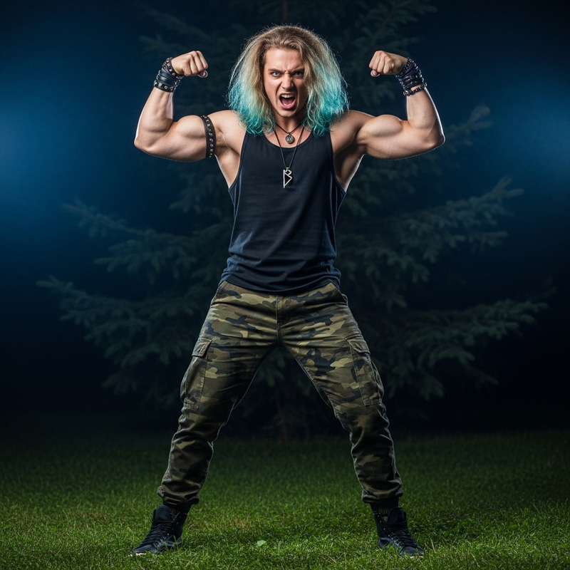 Muscular Man with Azure Hair: Primal Energy in Nature