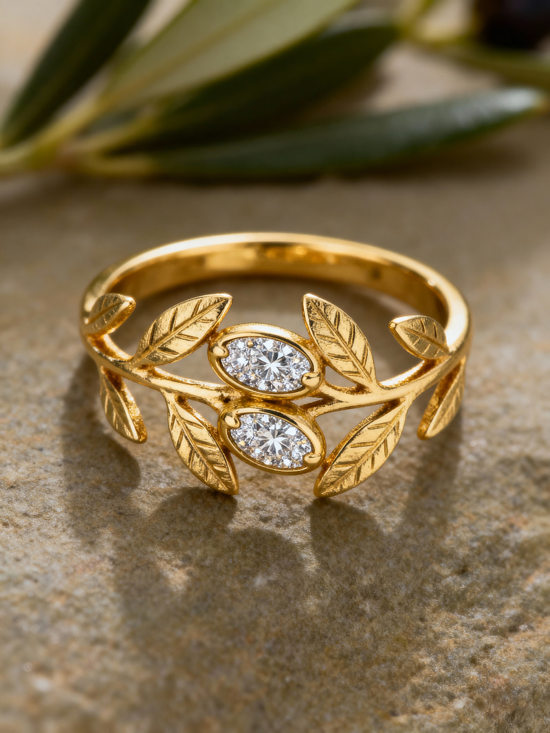 Olive Tree Inspired Gold Ring with Diamonds