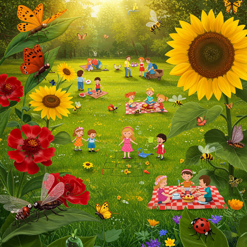 Vibrant Garden Scene with Insects and Fun Activities Vibrant Garden Scene with Insects and Fun Activities