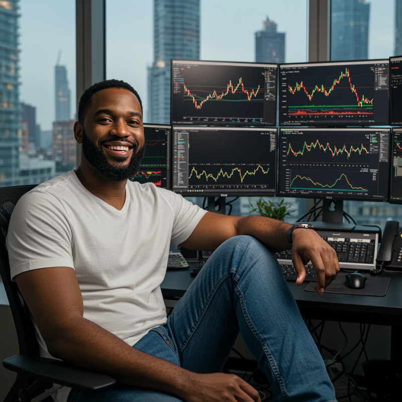 Happy Black Man at Forex Trading Setup Happy Black Man at Forex Trading Setup