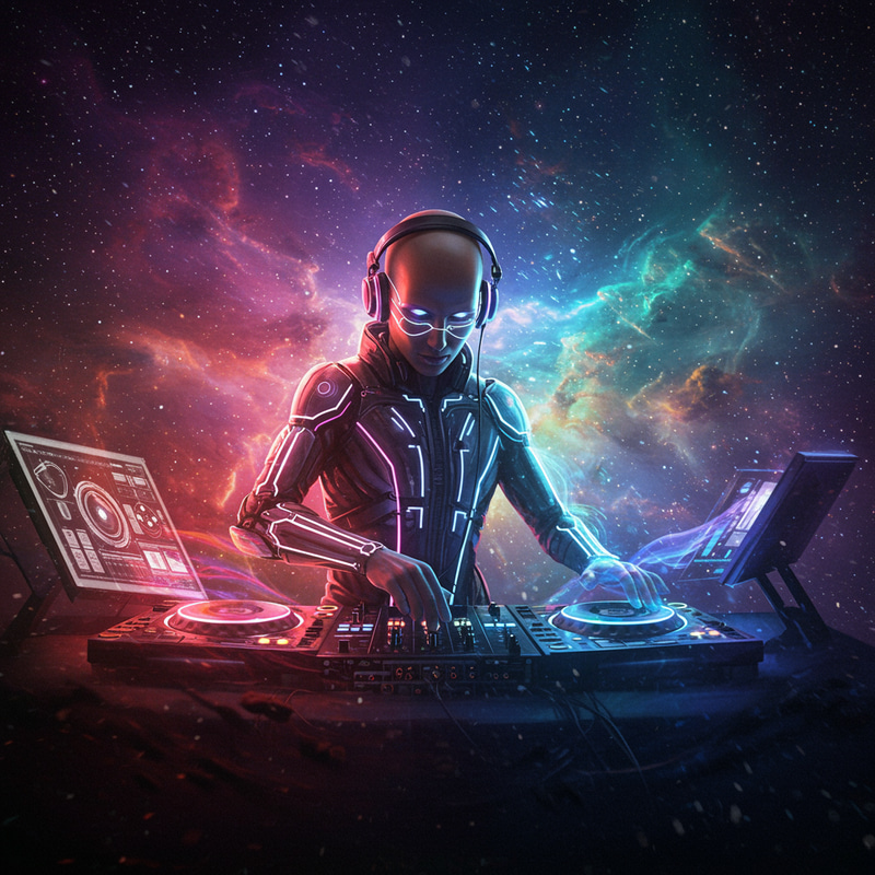 Futuristic Bald DJ Spinning in a Psychedelic Universe Futuristic Bald DJ Spinning in a Psychedelic Universe