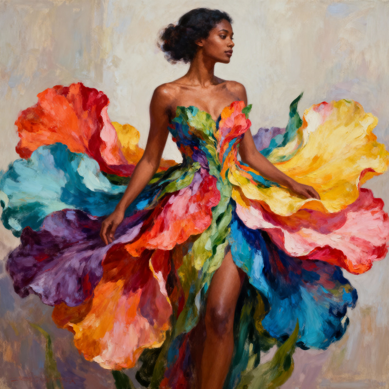Diverse Woman in Blossom Dress - Oil Painting Art Diverse Woman in Blossom Dress - Oil Painting Art