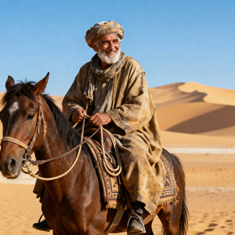 Elderly Man on Horseback in Desert Landscape