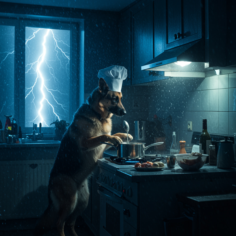 German Shepherd Cooking at Night During a Storm German Shepherd Cooking at Night During a Storm