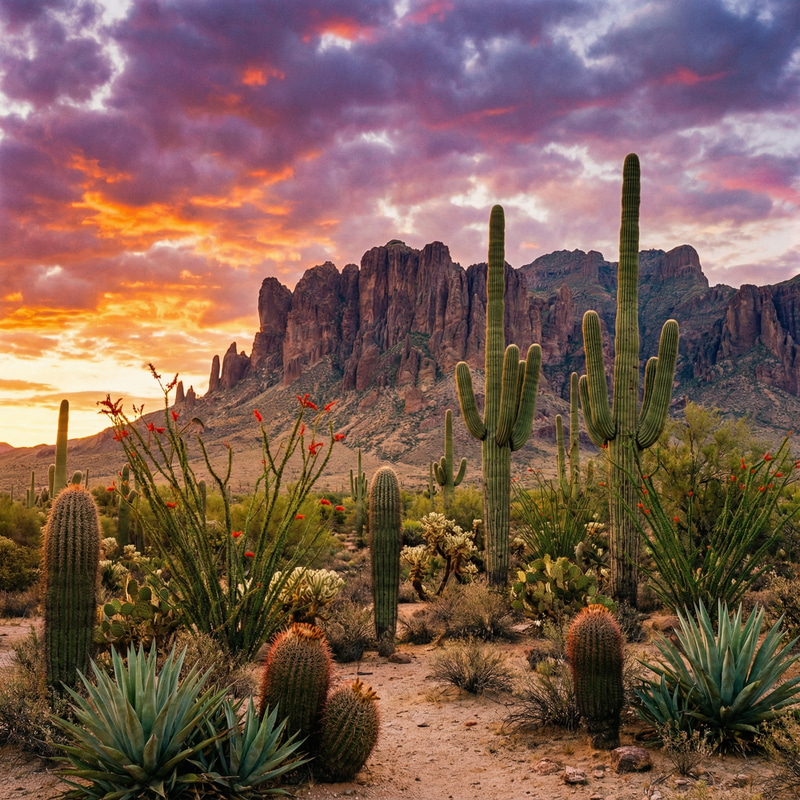 Stunning Desert Sunset with Mountains & Flora Stunning Desert Sunset with Mountains & Flora