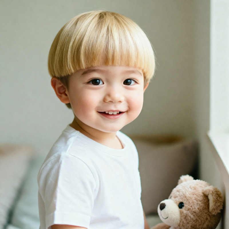 Adorable 4-Year-Old Boy with Blonde Bowl Cut Hair Adorable 4-Year-Old Boy with Blonde Bowl Cut Hair