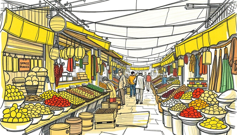 Vibrant Marketplace: Fruits & Spices in Sketch Art Vibrant Marketplace: Fruits & Spices in Sketch Art