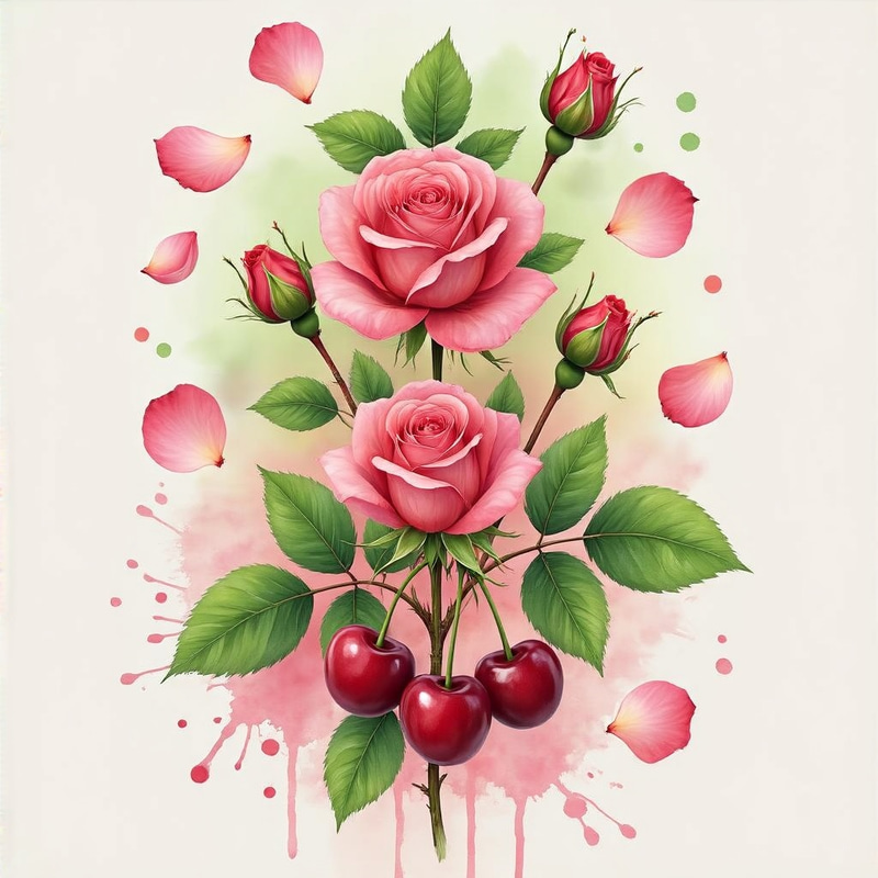 Colorful Watercolor Roses and Cherries Illustration Colorful Watercolor Roses and Cherries Illustration