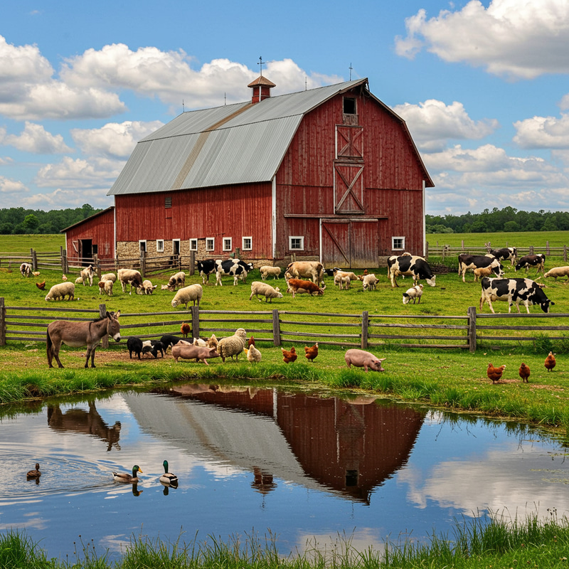 Rustic Red Barn in Scenic Field with Animals Rustic Red Barn in Scenic Field with Animals