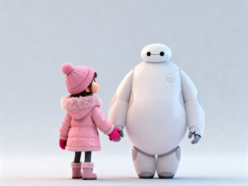 Charming Cartoon: Girl and Robot in Winter Wonder Charming Cartoon: Girl and Robot in Winter Wonder