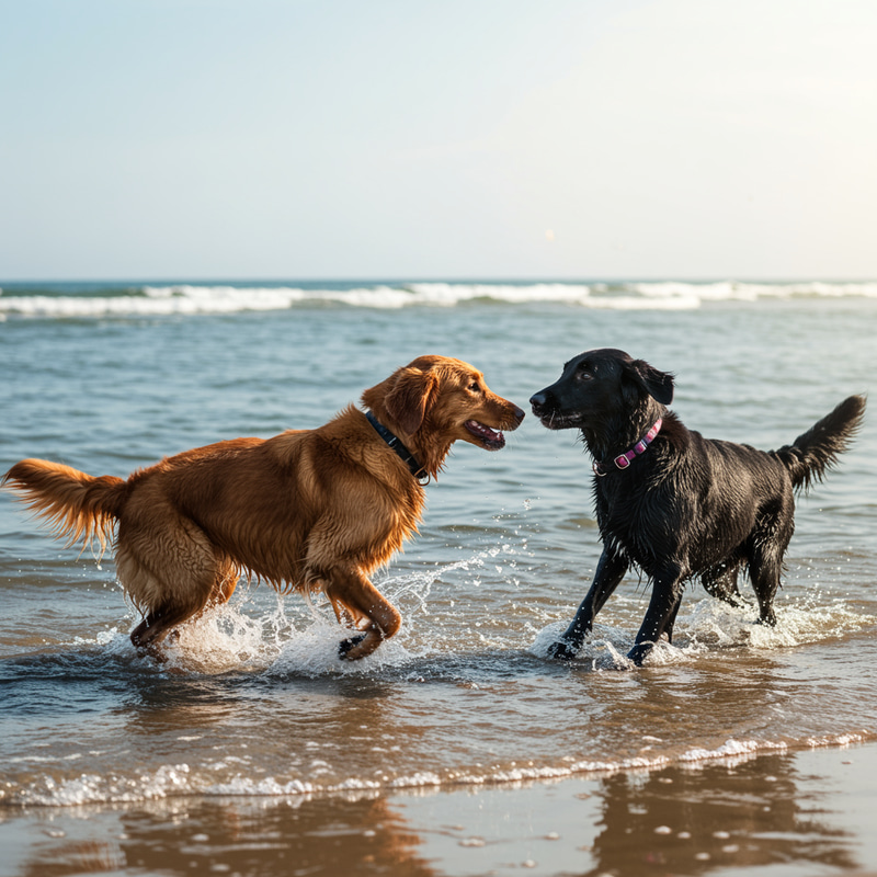 Playful Flat-Coated Retrievers at the Beach Playful Flat-Coated Retrievers at the Beach