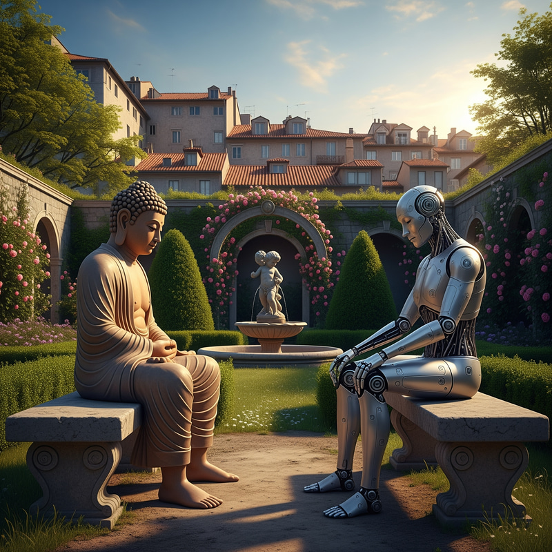 Pensive Buddha Meets AI in Europe Pensive Buddha Meets AI in Europe