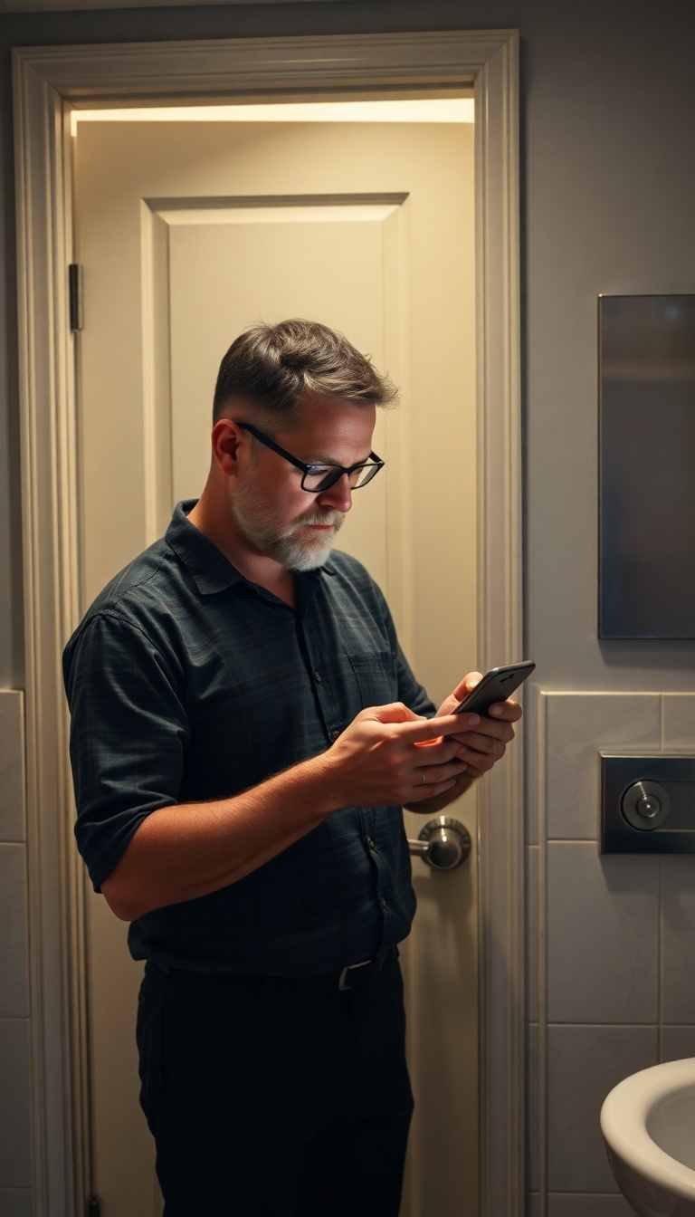 40-Year-Old Man Typing on Phone by Bathroom Door 40-Year-Old Man Typing on Phone by Bathroom Door