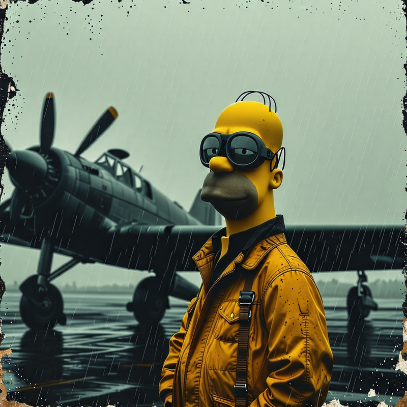 Vintage Colors Photo Scratched Decayed - Homer Simpson in Front of Old Plane Vintage Colors Photo Scratched Decayed - Homer Simpson in Front of Old Plane