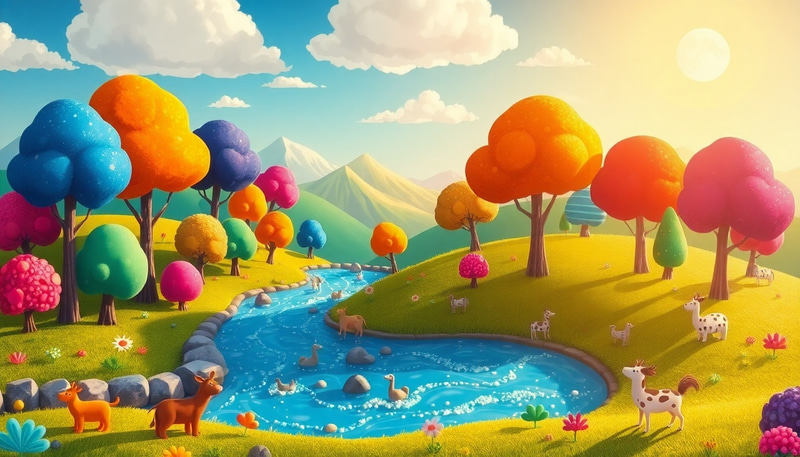 Whimsical Landscape with Colorful Trees & Animals