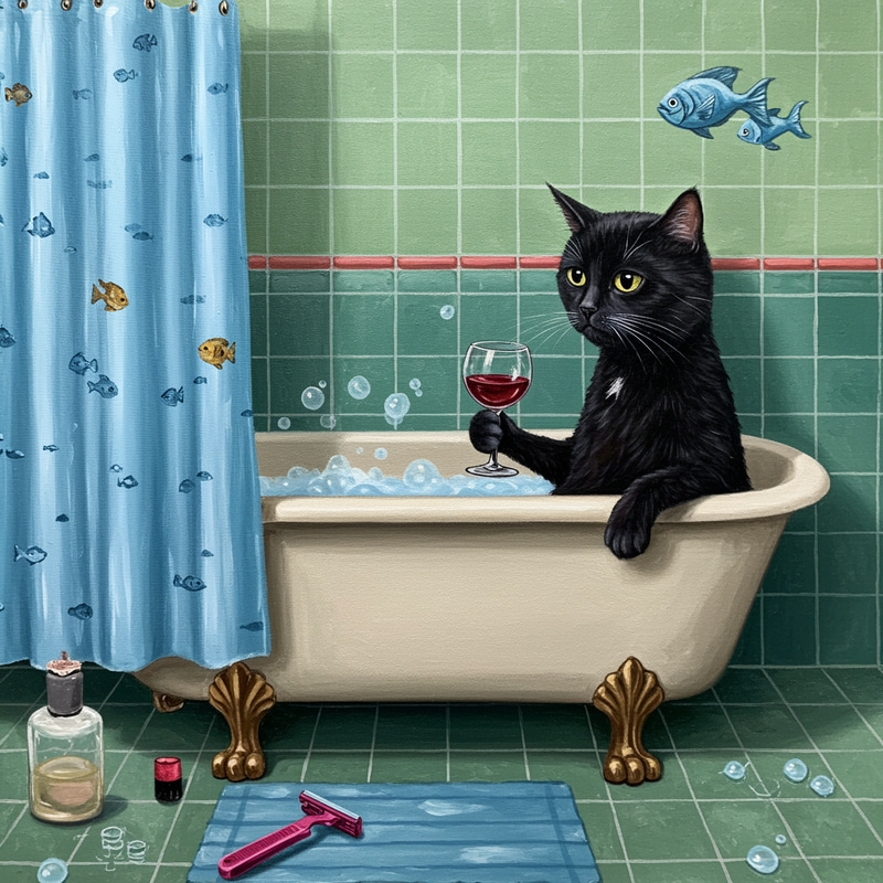 Sad Cat in Tub: A Unique Oil Painting Sad Cat in Tub: A Unique Oil Painting