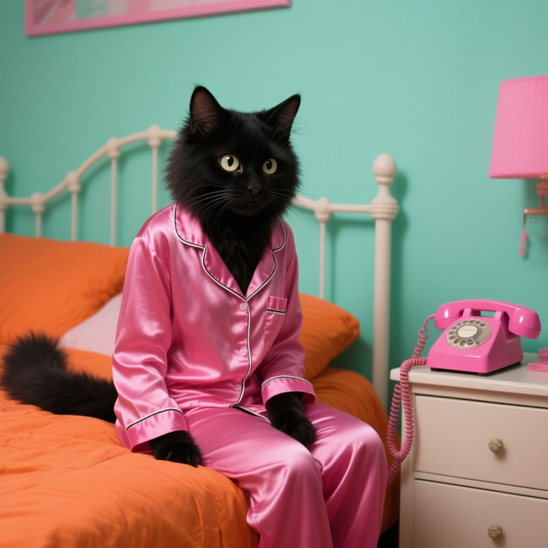 Fluffy Black Cat in Hot Pink Pajamas | Pop Punk Chic