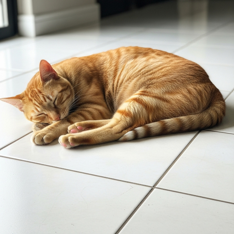 Realistic Orange Cat on White Tile Floor Realistic Orange Cat on White Tile Floor