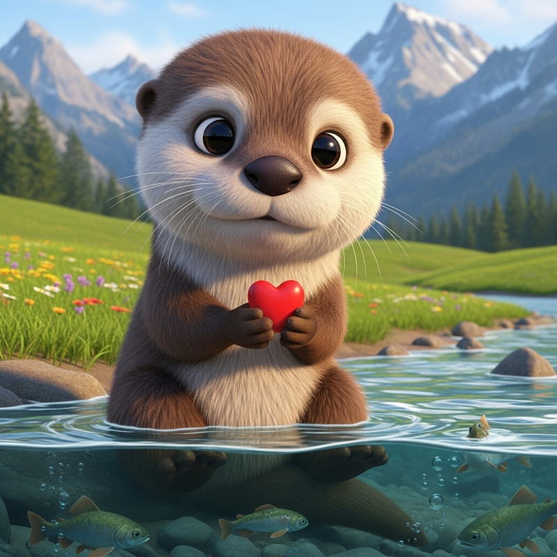 Cute Animated Baby Otter Holding a Heart Cute Animated Baby Otter Holding a Heart