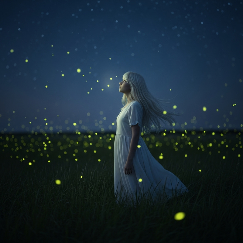 12-Year-Old Girl in White Dress Under Starry Sky 12-Year-Old Girl in White Dress Under Starry Sky