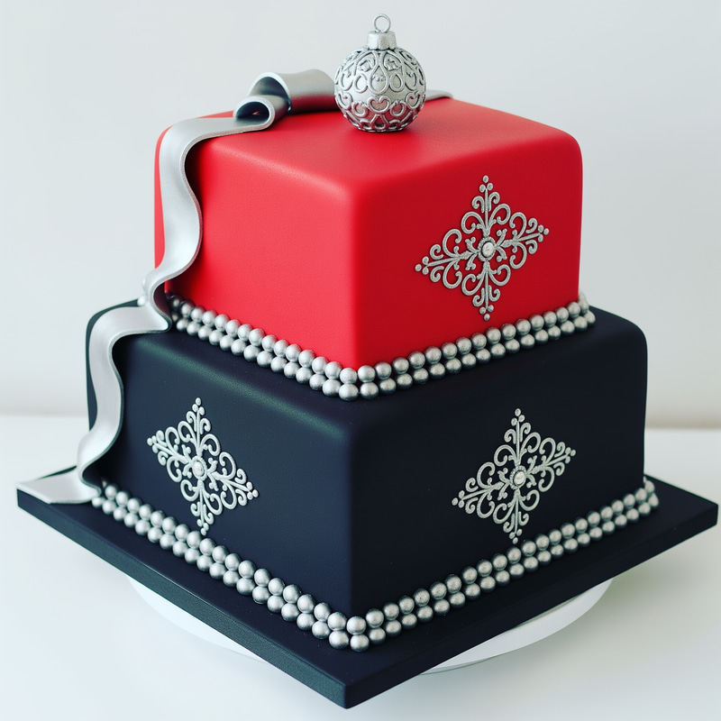Black and Red Two Layer Square Cake with Silver