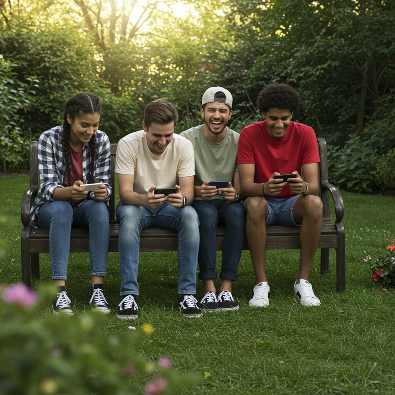 People Gaming on Mobile in a Garden