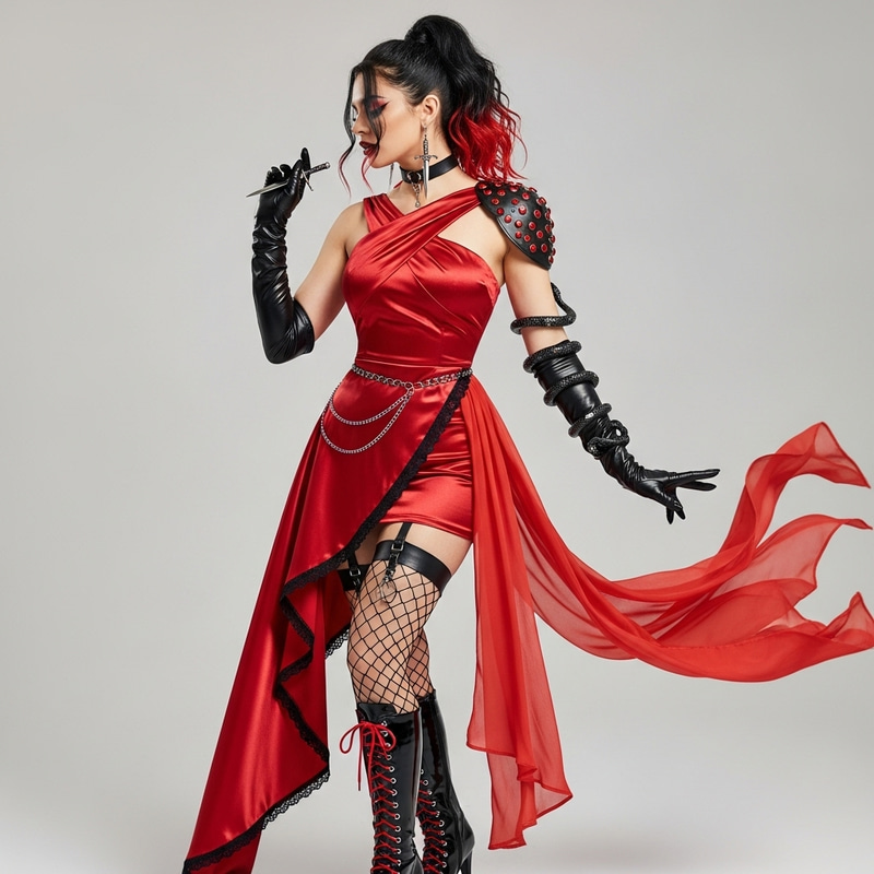 Sensual Asymmetrical Red Dress with Bold Accessories Sensual Asymmetrical Red Dress with Bold Accessories