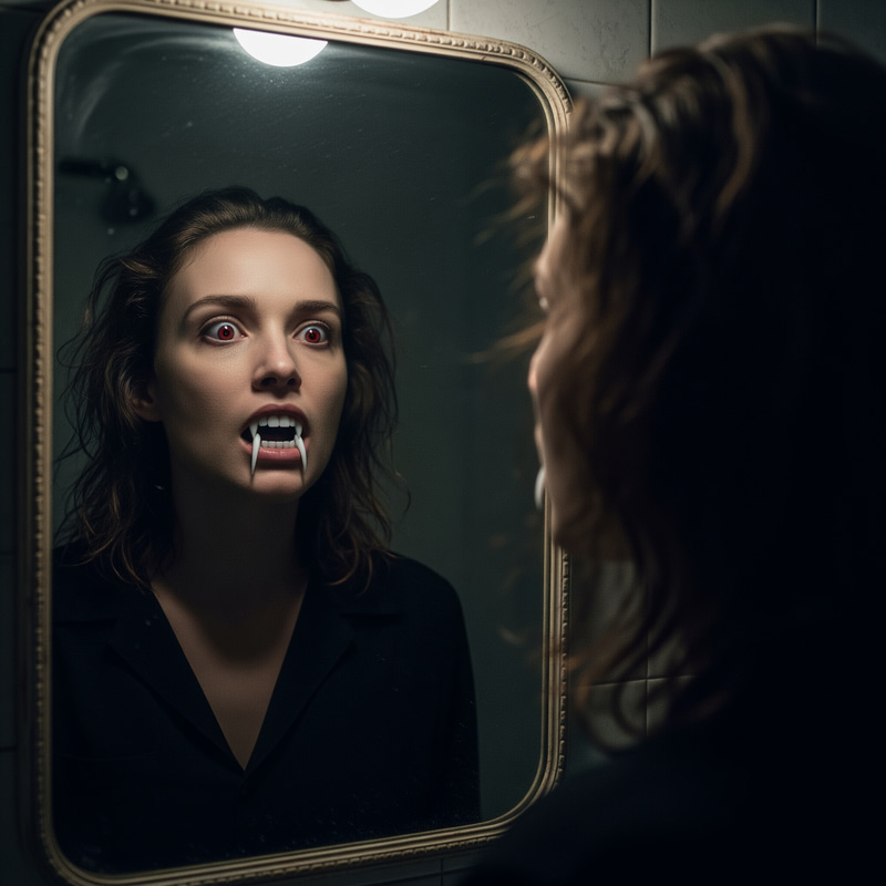Eerie Vampire Transformation in Dim Bathroom Eerie Vampire Transformation in Dim Bathroom