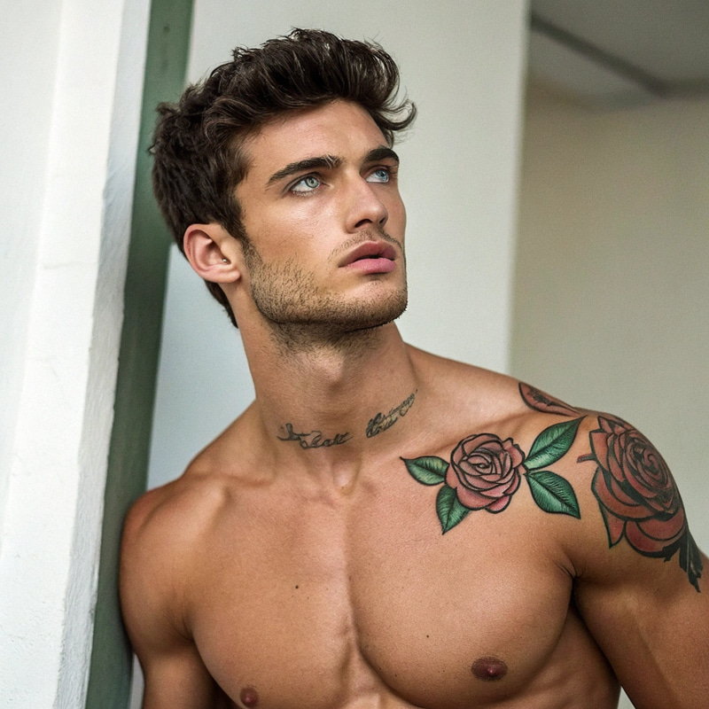 Muscular Shirtless Guy with Six Pack & Rose Tattoo Muscular Shirtless Guy with Six Pack & Rose Tattoo