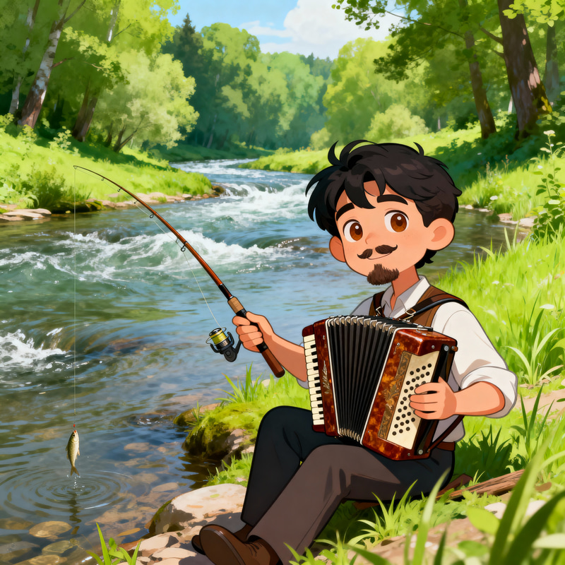 Cartoon Caricature of a Fisherman with an Accordion