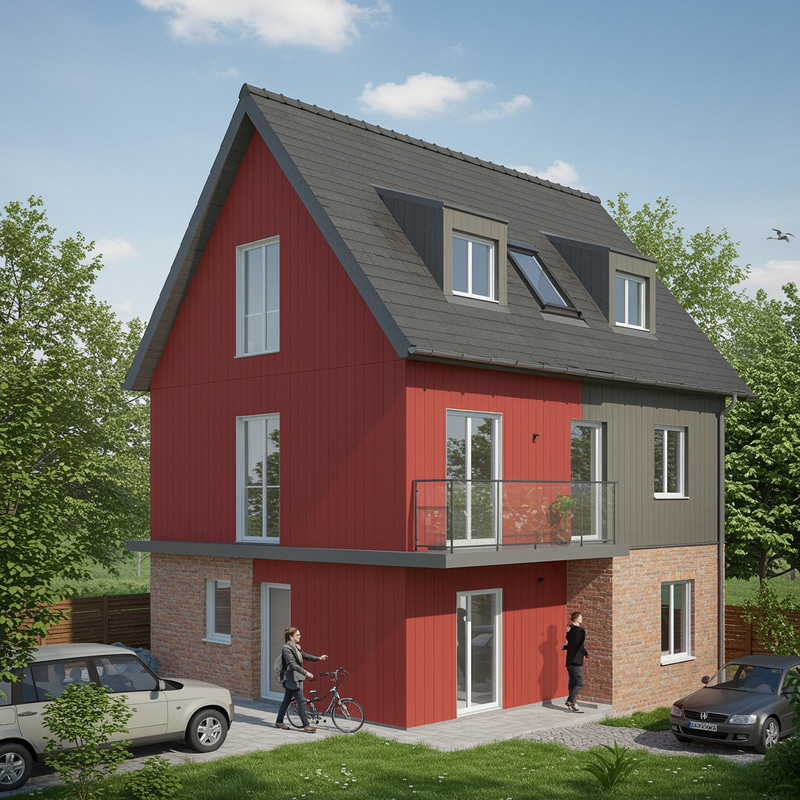 Exterior Addition with Red Panel on Three Levels Exterior Addition with Red Panel on Three Levels