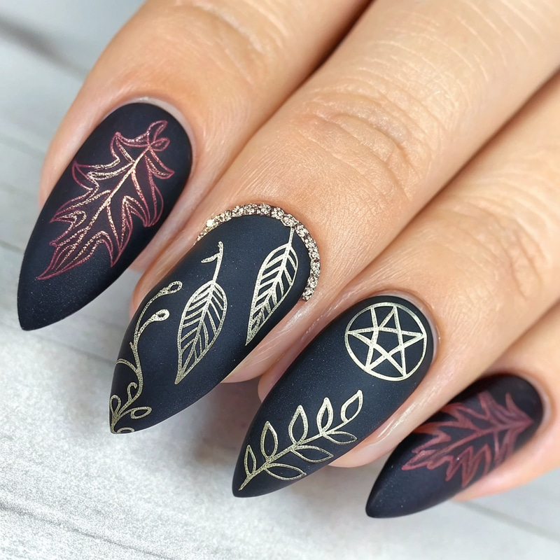 Gothic Witchy Nail Art: Leaf Design Ideas