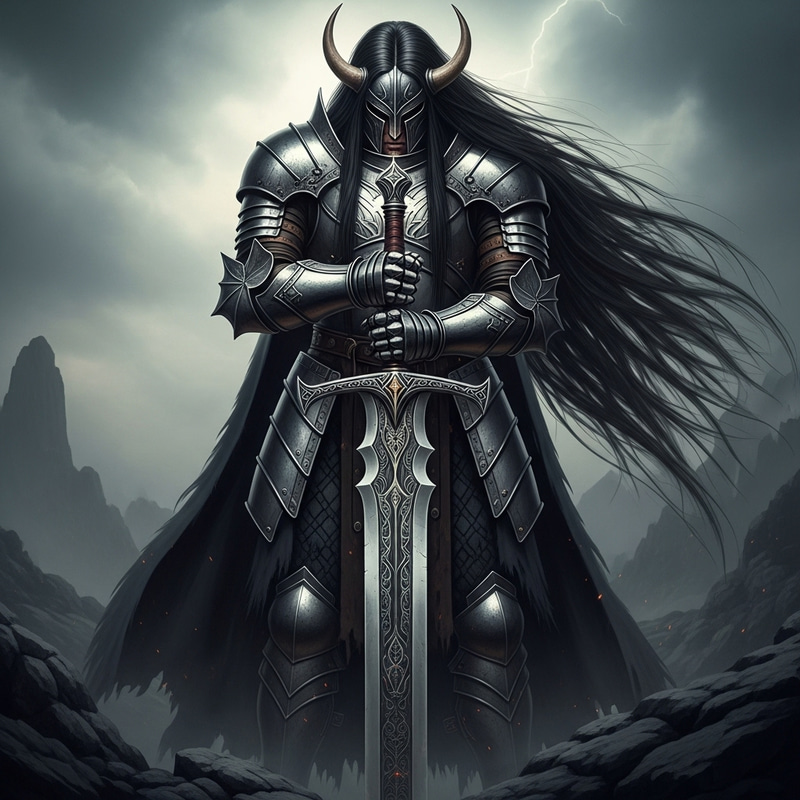 Armored Man with Long Hair and Sword