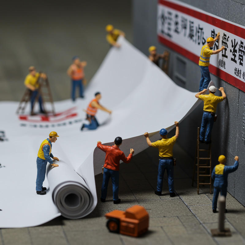 Miniature Workers Setting Up a Vibrant Banner Miniature Workers Setting Up a Vibrant Banner