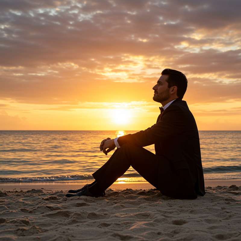 Man in Tuxedo Enjoys Sunset on Beach Man in Tuxedo Enjoys Sunset on Beach