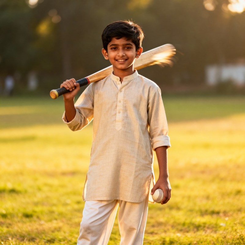 Indian Boy Playing Cricket in Traditional Attire