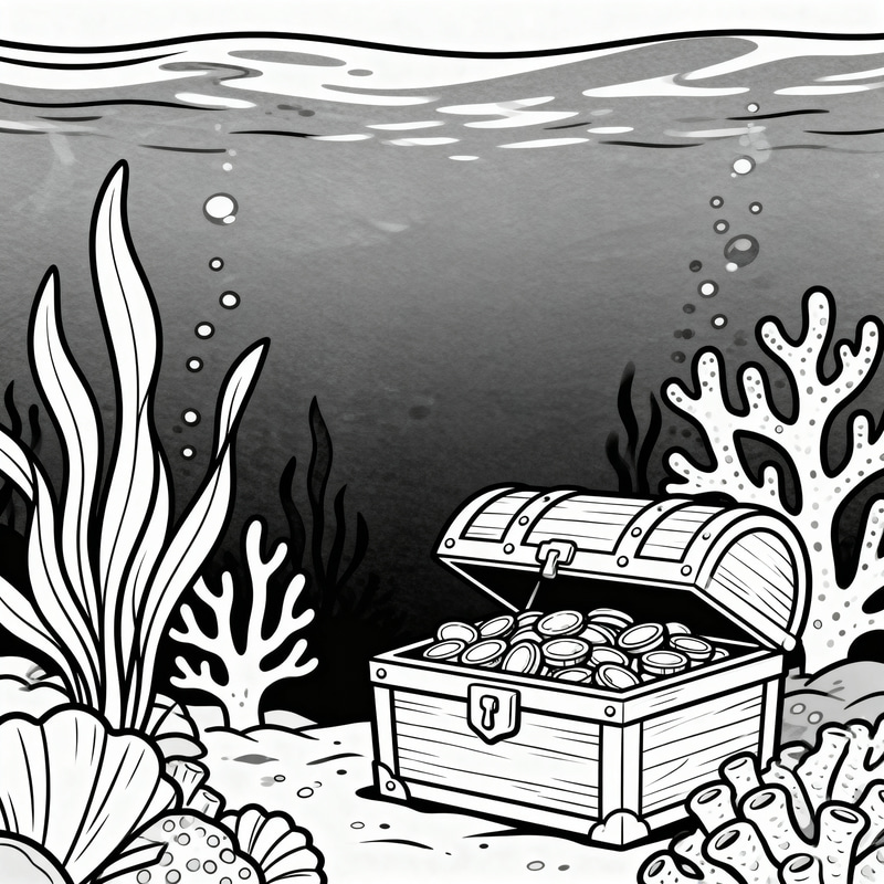 Underwater Coloring Page with Treasure Chest Underwater Coloring Page with Treasure Chest