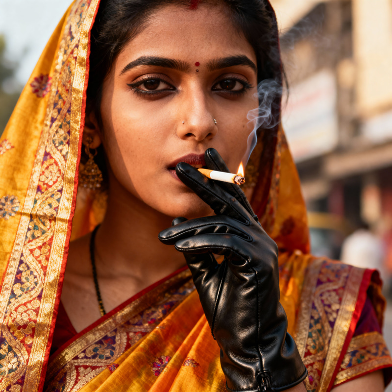 Indian Girl Smoking in Saree & Leather Gloves Indian Girl Smoking in Saree & Leather Gloves
