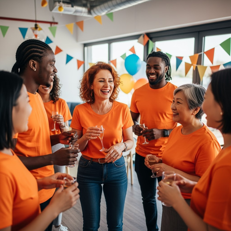 Orange T-Shirt Team at Company Birthday Party