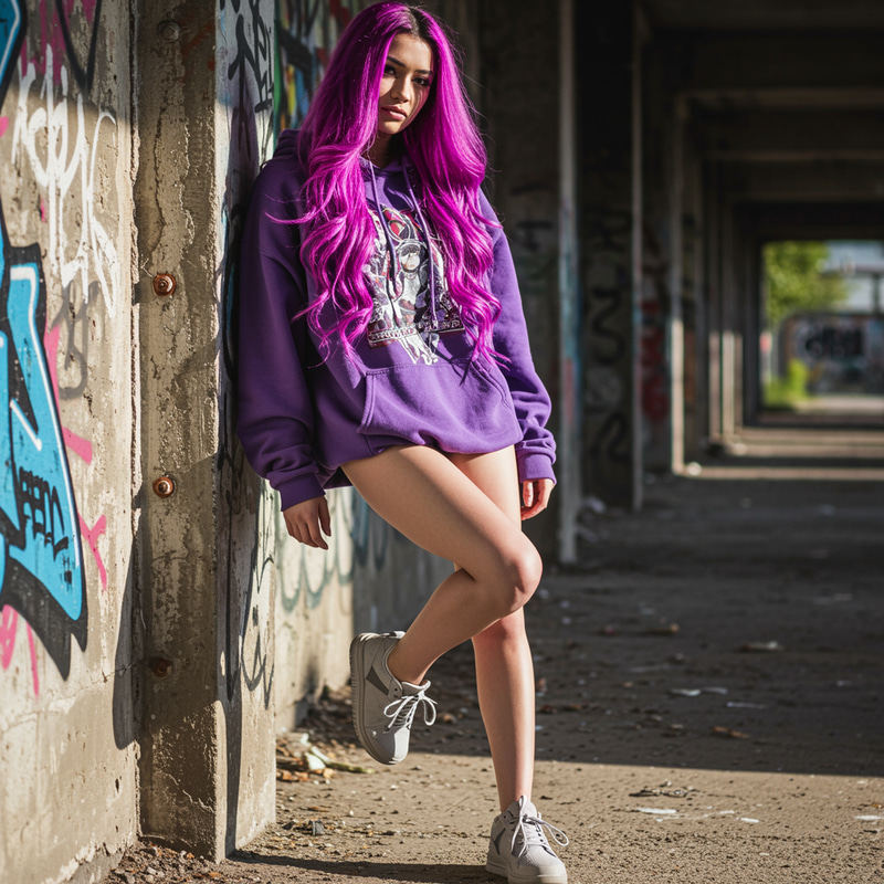 Trendy Girl in Purple Hoodie and Gray Shoes Trendy Girl in Purple Hoodie and Gray Shoes