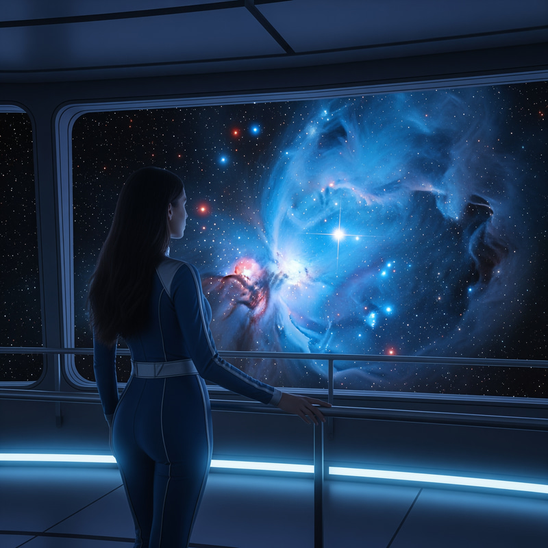 Explore the Pleiades Nebula from a Spaceship Deck