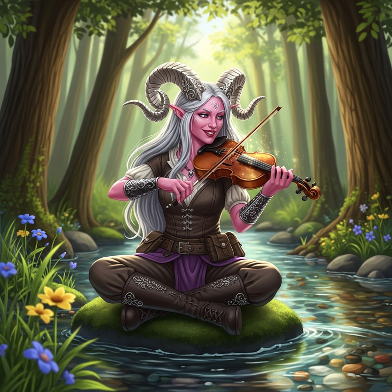 Mischievous Pink Tiefling by a Bubbling Stream Mischievous Pink Tiefling by a Bubbling Stream