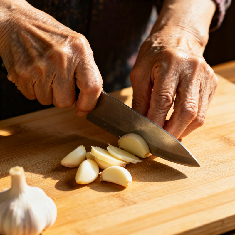 Korean Grandma Preparing Garlic for Kimchi