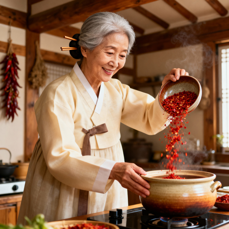 Elegant Korean Woman in Cozy Hanok Kitchen Elegant Korean Woman in Cozy Hanok Kitchen