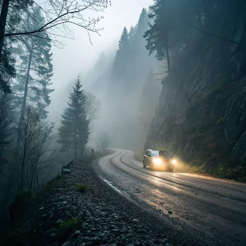 Car in Foggy Mountains - Scenic Drive Adventure Car in Foggy Mountains - Scenic Drive Adventure